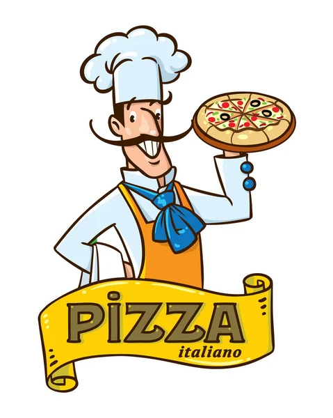 Chef italiano divertido con pizza. Diseño del emblema — Vector de stock