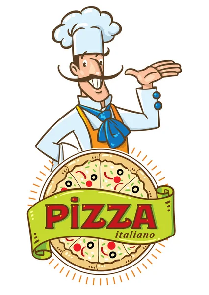 Vicces olasz séf pizzával. Jelölésminta — Stock Vector