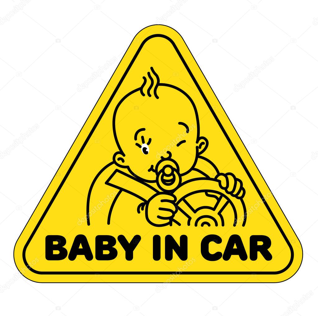 Baby in car. Funny small child, boy or girl, driver with steering wheel and the belts. The sticker on the back window of the automobile. Children vector illustration with text. Monochrome version