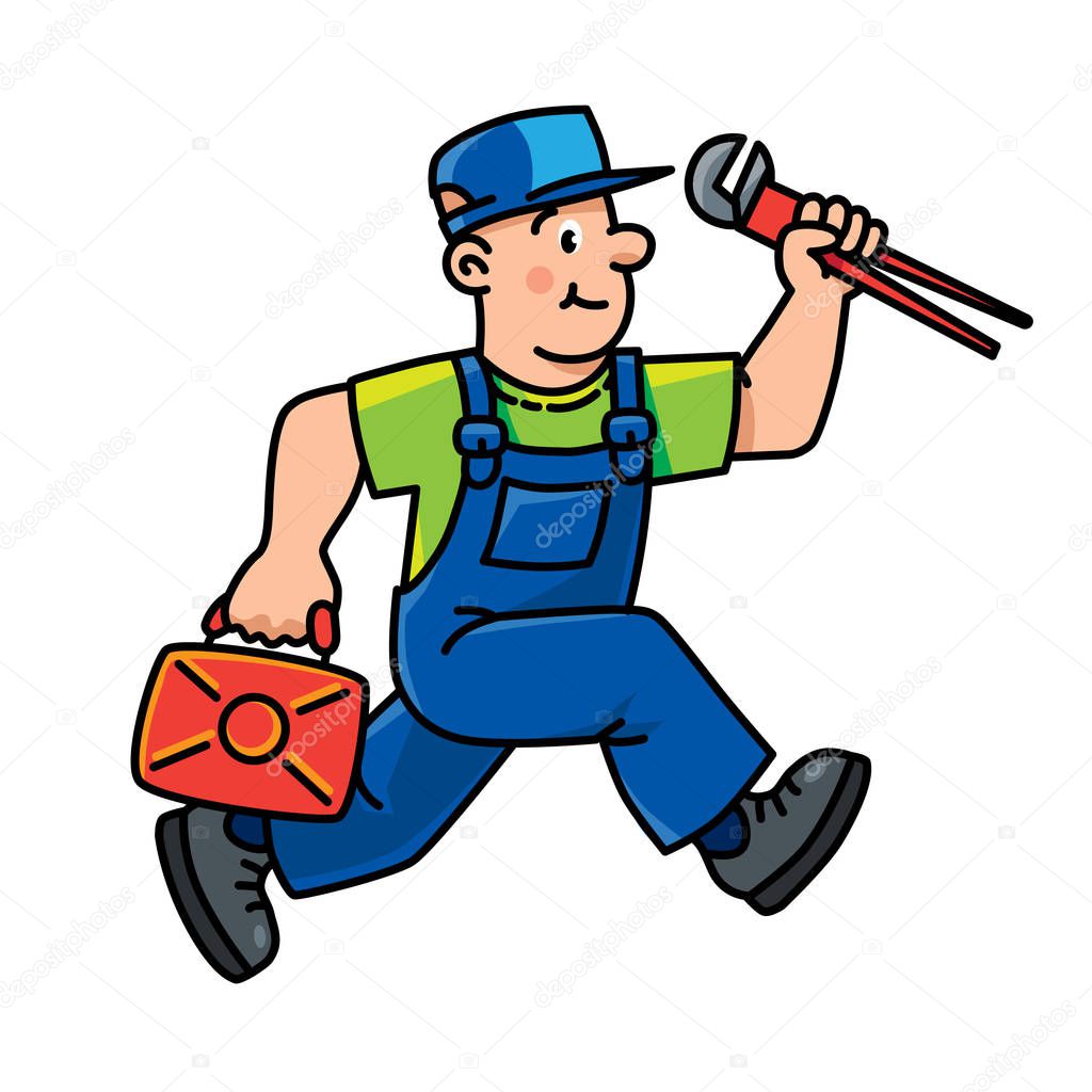 Funny repairman or plumber with the tools is running. Technical service. Vector illustration. Cartoon character
