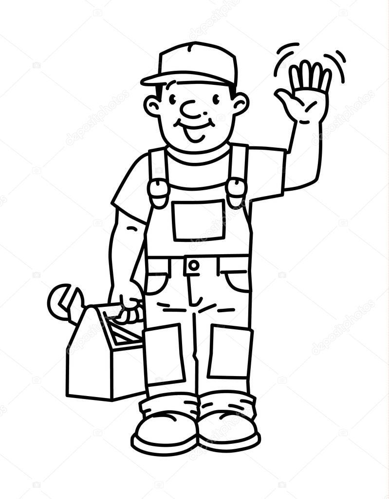Funny repairman or plumber with the tools wavin by hand. Technical service. Vector illustration. Cartoon character