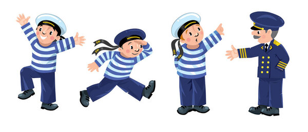 Funny sailors and captain kids illustration set
