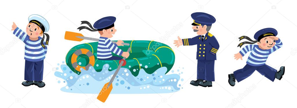 Funny sailors with boat and captain set