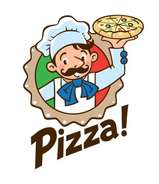 Komik aşçı ya da baker ile pizza ve logo amblem