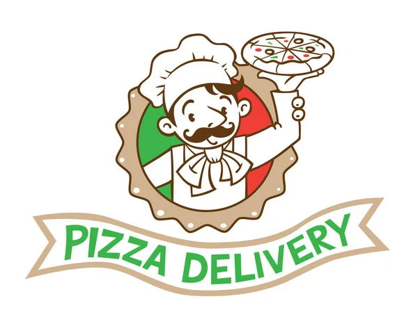 Emblema di cuoco divertente o panettiere con pizza e logo — Vettoriale Stock