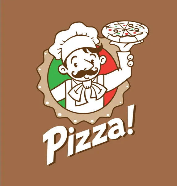 Emblem of funny italian chef with pizza and logo — Stock Vector