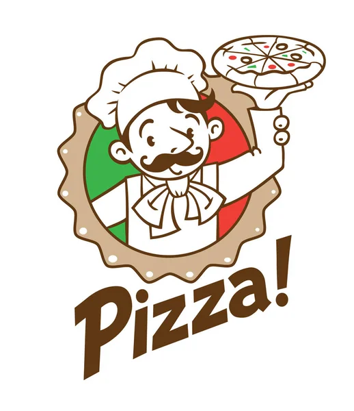 Emblema de cozinheiro engraçado ou padeiro com pizza e logotipo —  Vetores de Stock