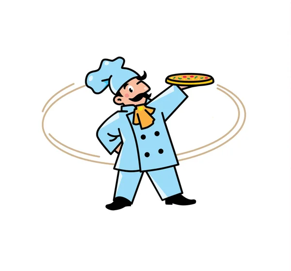 Emblema de cocinero divertido o panadero con pizza — Vector de stock