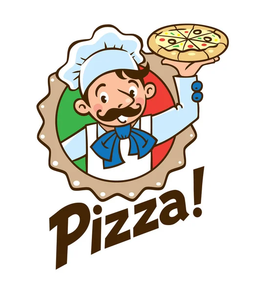 Embleem van grappige kok of bakker met pizza en logo — Stockvector