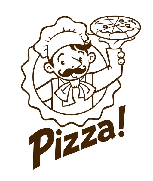 Komik aşçı ya da baker ile pizza ve logo amblem — Stok Vektör