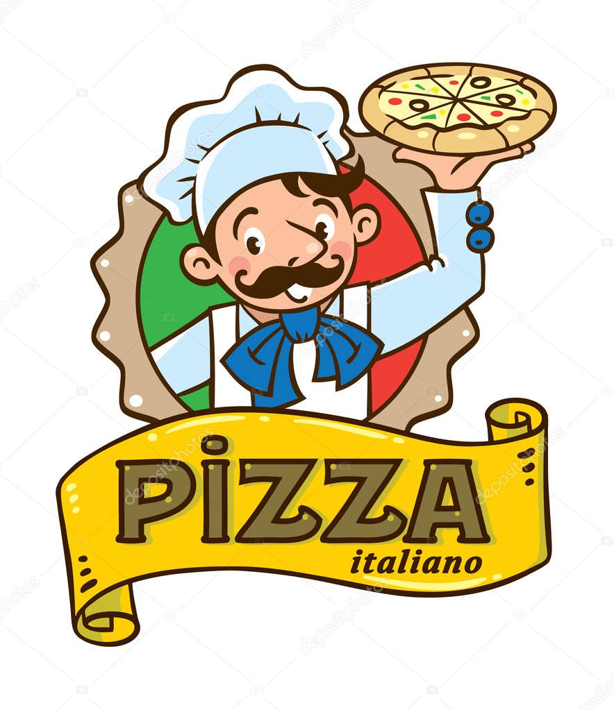 Emblem of funny cook or chef or baker with pizza and logo in stylized circle or cartoosh on background colors of the Italian flag. Children vector illustration.