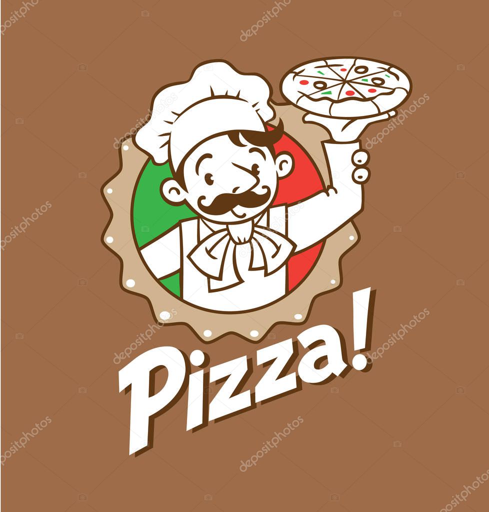 Emblem of funny cook or chef or baker with pizza and logo in stylized circle or cartoosh on background colors of the Italian flag. Children vector illustration.