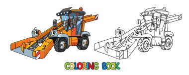 Funny snowthrower car with eyes. Coloring book clipart