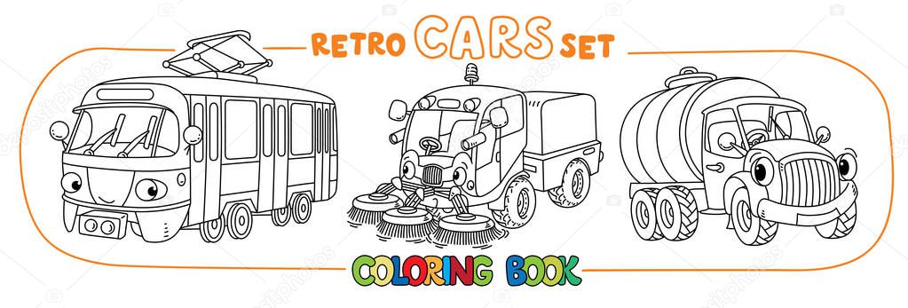 Funny small retro cars with eyes coloring book set