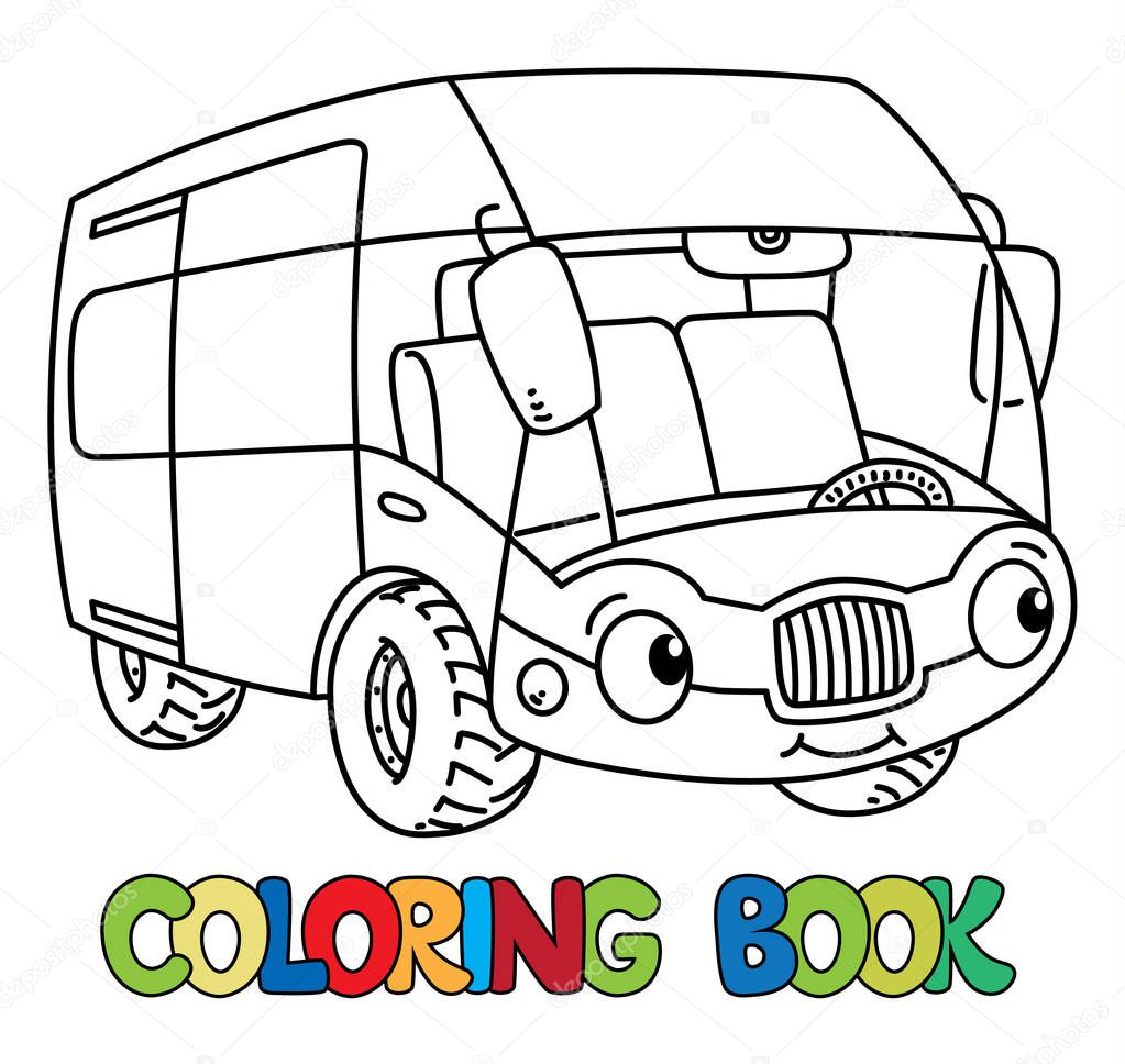 Funny bus or van with eyes. Coloring book