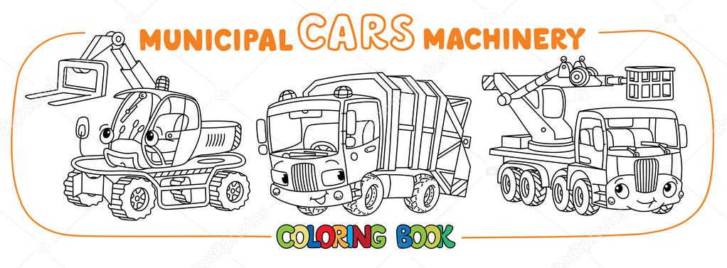 Funny small municipal cars. Coloring book set