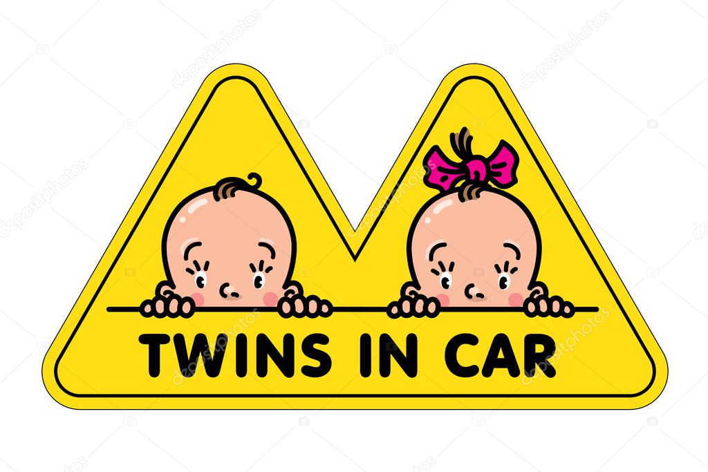 Twins in car. Funny small faces of little baby boy and girl. Vector illustration with text or logo. Yellow sticker for the back window of the automobile. Children looks out from behind the car seat