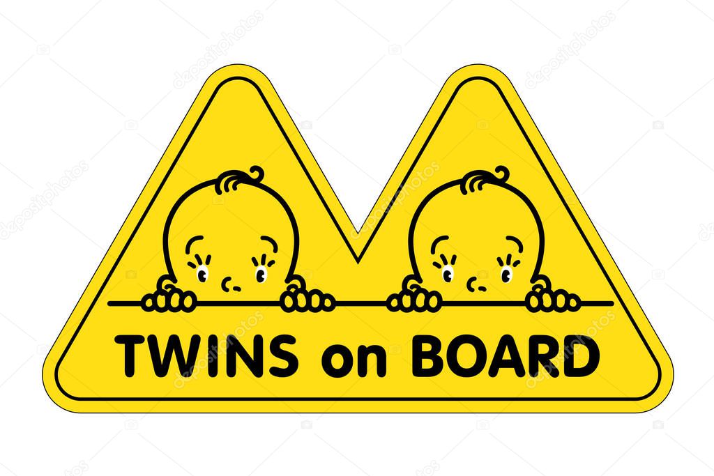 Twins in car. Funny small face of little baby boys. Vector illustration with text or logo. Yellow triangular sticker for the back window of the automobile. Children looks out from behind the car seat