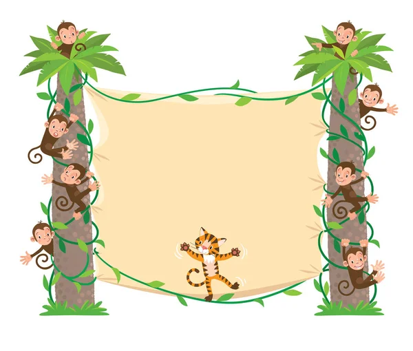 Banner en dos palmeras con pequeños animales divertidos — Vector de stock