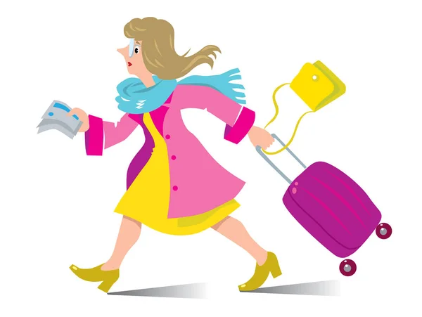 Mujer divertida pasajero de aire tarde con maleta — Vector de stock