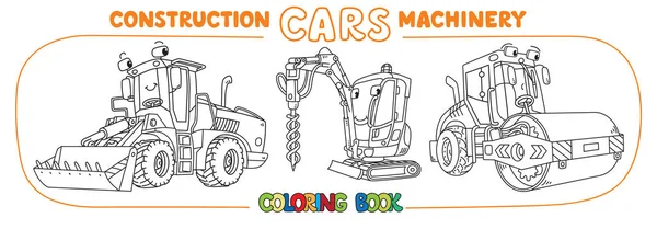 Funny constuction cars with eyes Coloring book set — Stock Vector