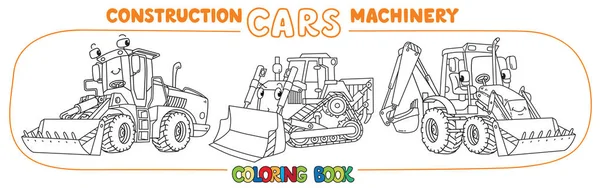 Coches divertidos de la constucción con los ojos Conjunto de libros para colorear — Vector de stock