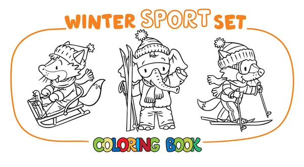 Desporto de inverno. animais engraçados conjunto de livros para colorir —  Vetores de Stock