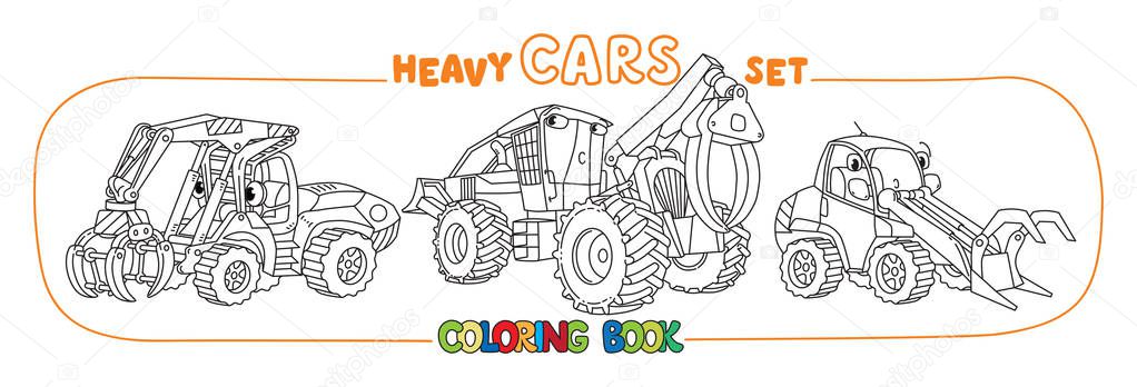 Funny log handler and skidder car or truck. Small funny vector cute vehicle with eyes. Children vector illustration. Forestry machinery for kids. Coloring book set