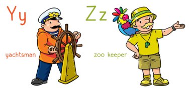 Meslek Abc dizisi. Komik yachtsman veya Kaptan ve zoolog veya zoo keeper kümesidir. Çocuk illüstrasyon vektör. Alfabe