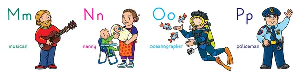 Abc シリーズ 面白いミュージシャン 海洋学者 警官のセットです 子供はベクトル図です アルファベット — ストックベクタ