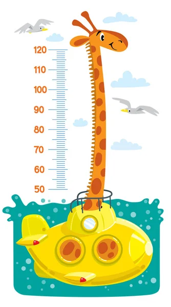 有趣的长颈鹿在海洋或海洋中的潜艇 被海鸥和云包围 高度图表或仪表墙或墙壁贴纸 面积为50至120厘米以测量生长的儿童矢量插图 — 图库矢量图片