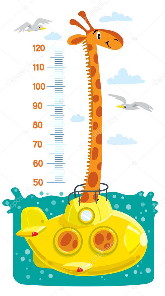 Funny giraffe in a submarine in the sea or ocean, surrounded by seagulls and clouds. Height chart or meter wall or wall sticker. Children vector illustration with scale 50 to 120 cm to measure growth