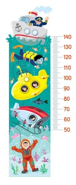 Boat with captain, scuba diver, submarine, bathyscaphe, and diver, under the sea. Height chart or meter wall or wall sticker. Children vector illustration with scale 50 to 120 cm to measure growth — Stock Illustration Boat Captain Scuba Diver Submarine Bathyscaphe Diver Sea Height Chart Stock Illustration