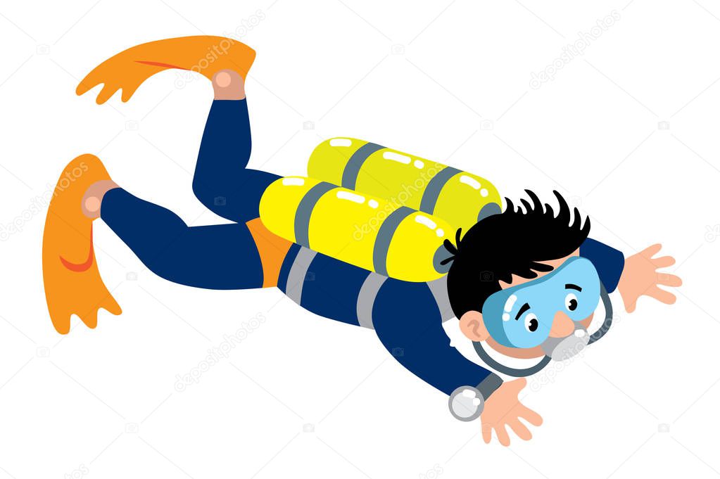 Funny scuba diver in diving mask and scuba gear with O2 tanks swims underwater. Children vector illustration