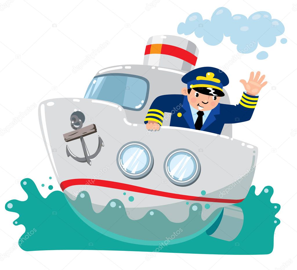 Funny captain on the boat or ship in the sea. Children vector illustration