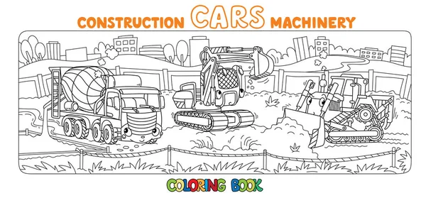 Divertidos coches de la constucción y camión para colorear libro conjunto — Vector de stock