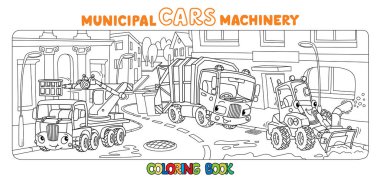 Funny small municipal cars with eyes Coloring book clipart
