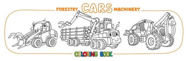 Skogsmaskiner roliga bilar färgläggning set — Stock vektor