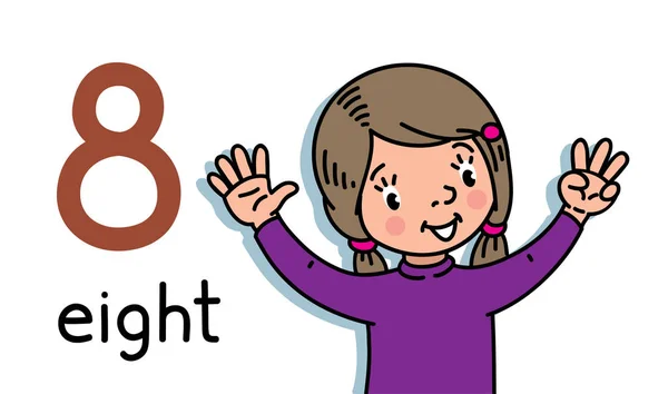 Dívka ukazuje osm rukou Counting edukační kartu — Stockový vektor