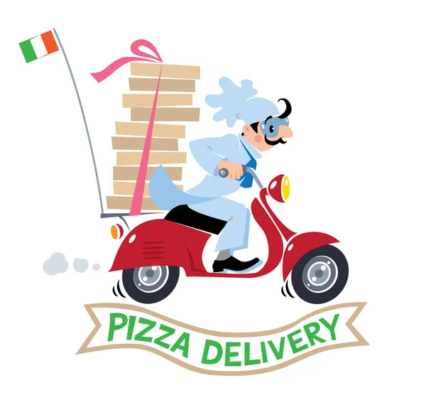 Divertente pizzaiolo in scooter. Logo consegna pizza — Vettoriale Stock