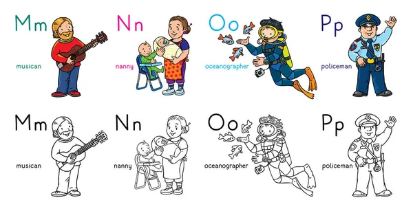 Abc 직업 색칠 공부 책 세트 영어 알파벳 — 스톡 벡터
