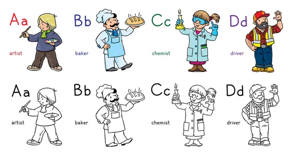 ABC professions jeu de coloriage alphabet anglais — Image vectorielle