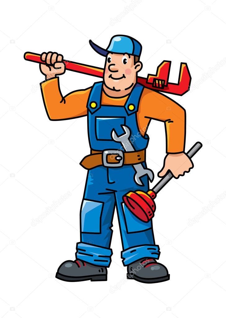 Funny repairman or plumber with the tools. Technical service. Vector illustration. Cartoon character