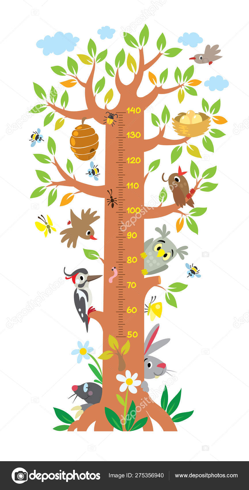 Kids Height Chart With Cute Animals. Children Growth Meter, Wall Sticker  For Children Height Measurement Scales Stock Vector