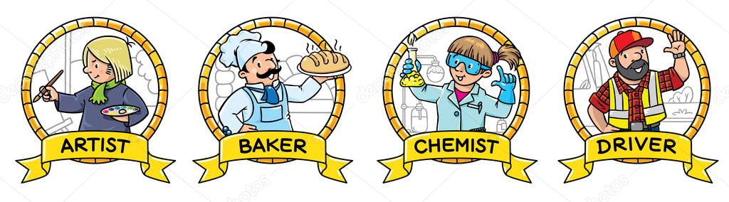 ABC profession set. Artist, baker, chemist, driver