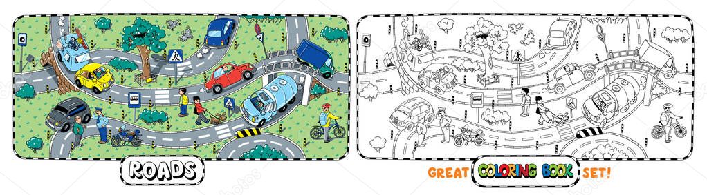 Transport coloring book of roads with cars