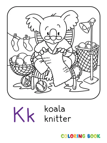 Koala niedźwiedź Knitter ABC kolorowanka. Alfabet K — Wektor stockowy
