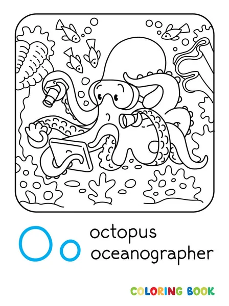 Octopus océanographe ABC livre à colorier Alphabet O — Image vectorielle