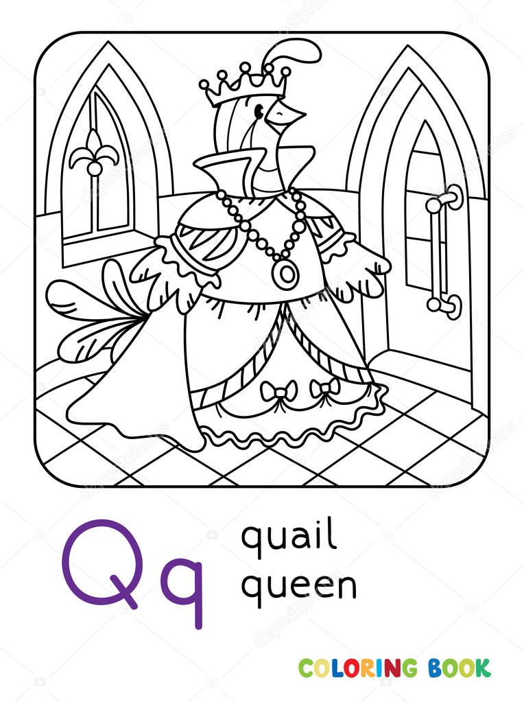 Quail queen ABC coloring book. Alphabet Q