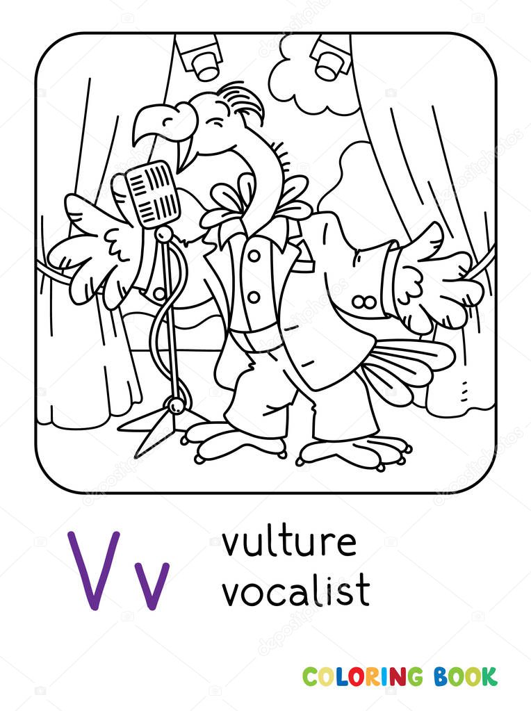 Funny vulture singer or vocalist ABC coloring book